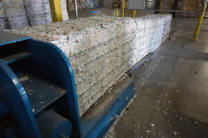 Shredded materials from a shredding event bundled and ready for processing.