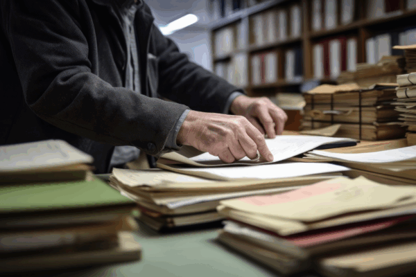 Person sorting through stacks of paper files in an office or records room, emphasizing the need for organized document handling and secure data destruction practices.