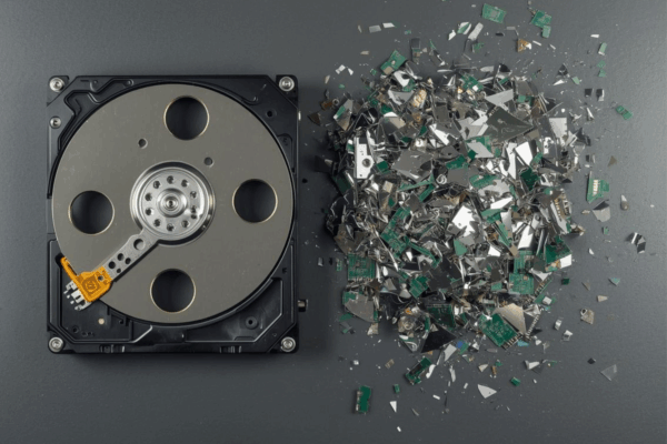 Does drilling a hard drive permanently destroy data? Side-by-side comparison of a drilled hard drive and a pile of shredded hard drive fragments on a gray work surface.