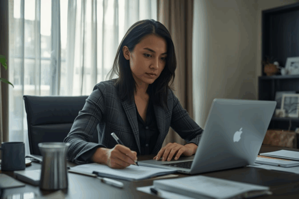 Compliance manager reviewing documentation on a laptop during a data destruction audit in a professional office setting.