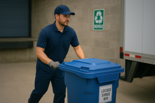 A uniformed technician in navy blue pushes a locked shred bin toward a secure truck loading area, supporting sustainable data destruction outside a commercial facility.