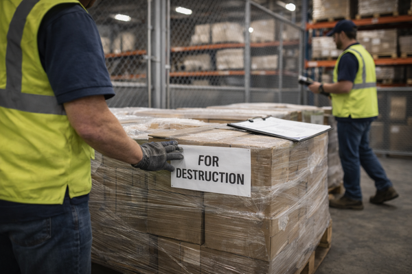 off-spec product destruction in a secure New England warehouse, showing palletized inventory labeled for destruction with staff handling documentation and labels