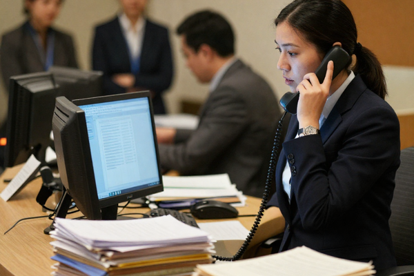 Office employee handling confidential documents at a workstation, illustrating the workplace risks that can lead to improper data destruction fines.