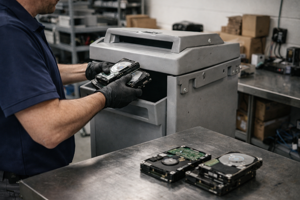secure hard drive disposal with technician handling retired hard drives in a lockable media collection container