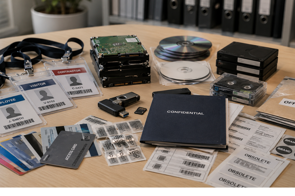 Secure product destruction for off-spec materials, employee badges, media, access cards, and branded assets prepared for secure shredding.