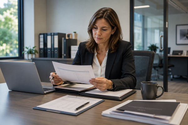 Compliance officer reviewing NAID AAA certification documents for secure data destruction vendor evaluation.
