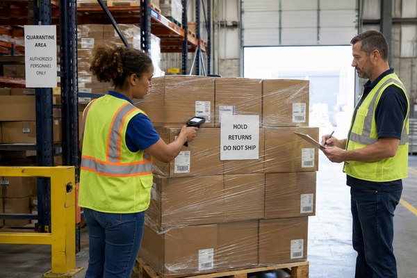 Expired goods destruction area in a warehouse where staff review returned products on a quarantined pallet for certified destruction.