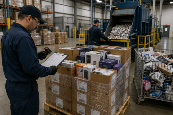 Certified product destruction of off-spec goods with barcode scanning and secure industrial processing in a warehouse facility.