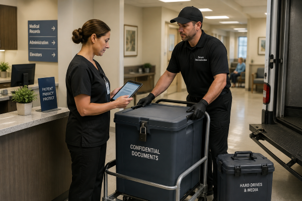 Data destruction chain of custody during secure pickup of confidential documents and hard drives