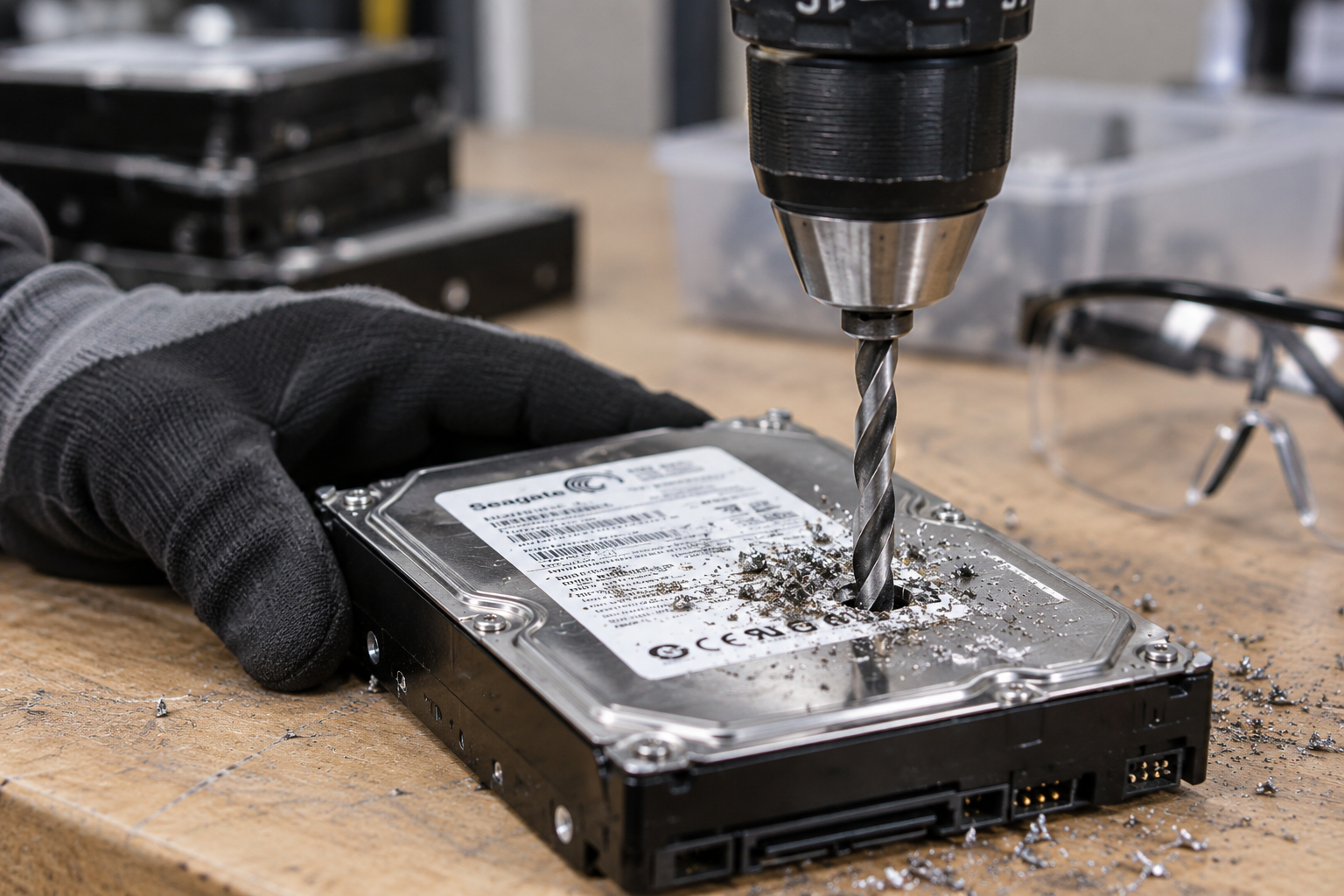 Drilling a hole in a hard drive during DIY physical hard drive destruction.