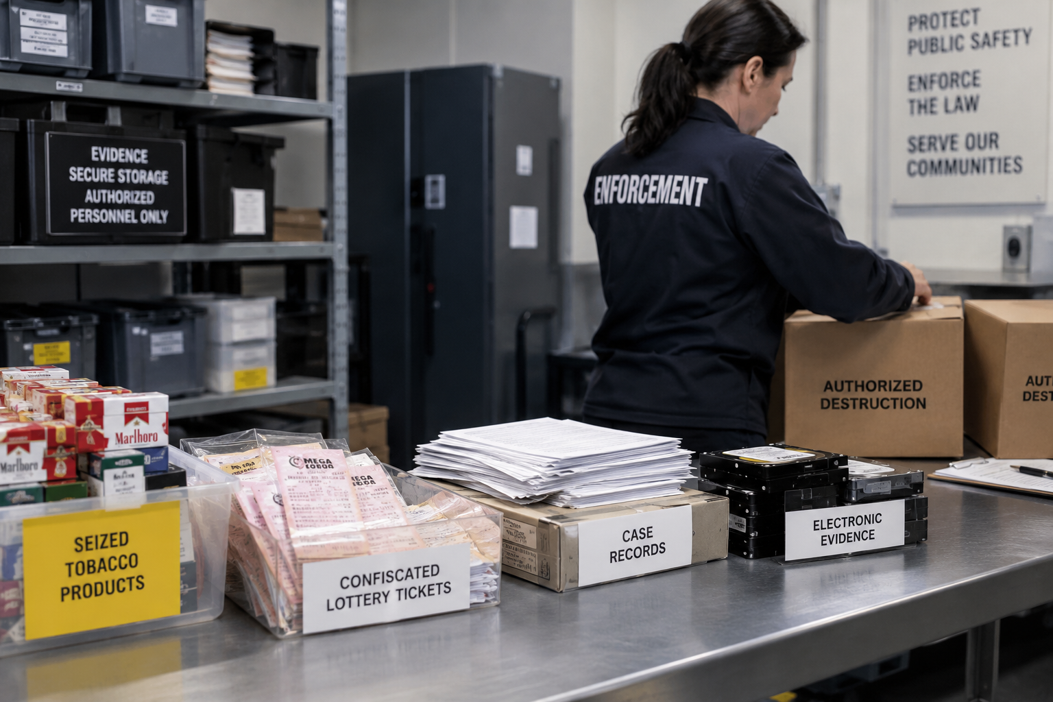 Government data destruction requirements for confiscated lottery tickets, seized tobacco products, case records, and electronic evidence prepared for secure destruction.