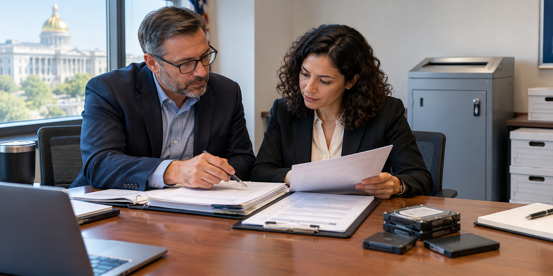 Government procurement officers reviewing an RFP and hard drives as they choose data destruction vendor services for secure records and media destruction.