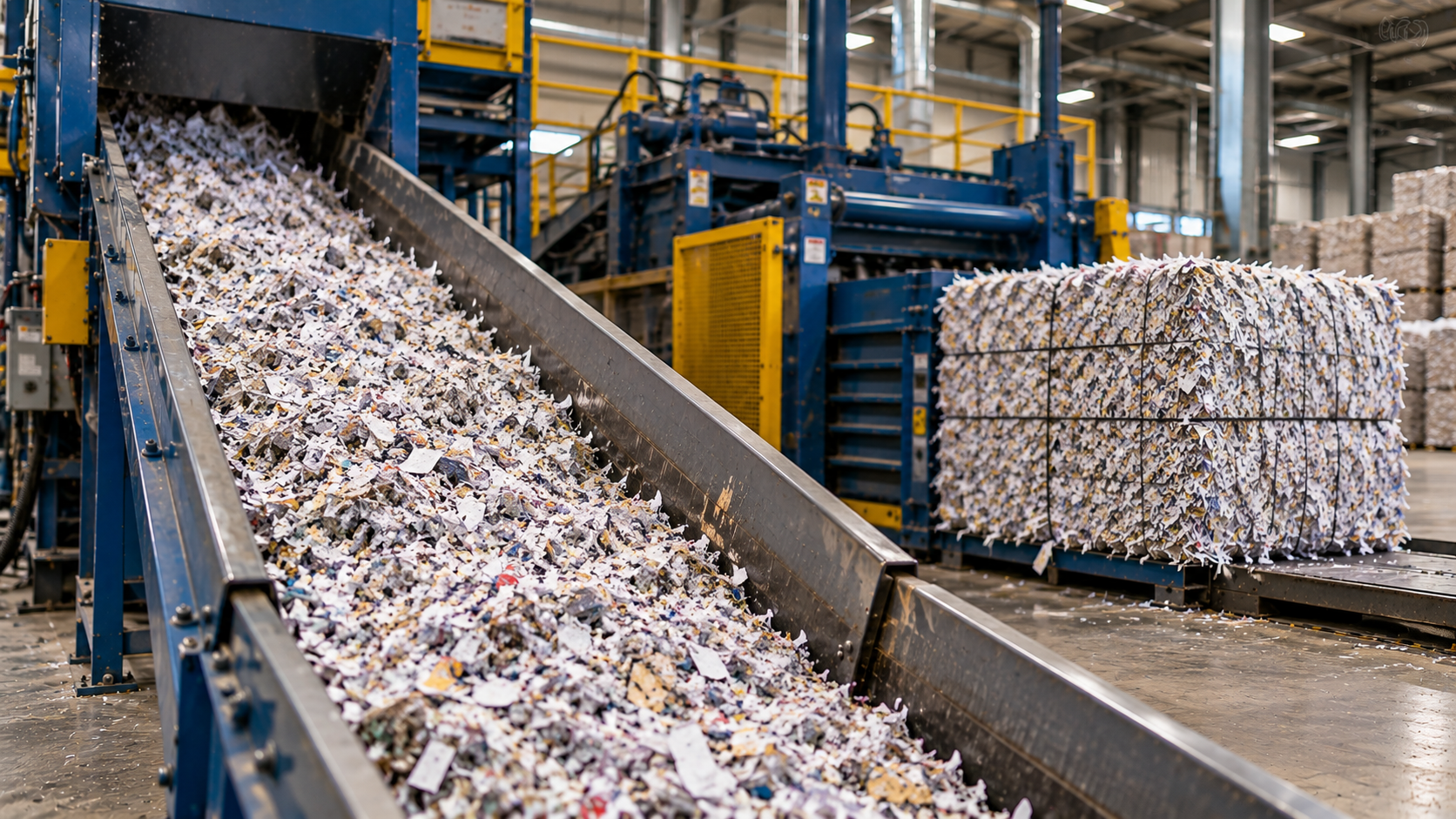 What happens to shredded documents during secure shredding, with finely shredded paper moving through an industrial recycling facility for baling and recycling.